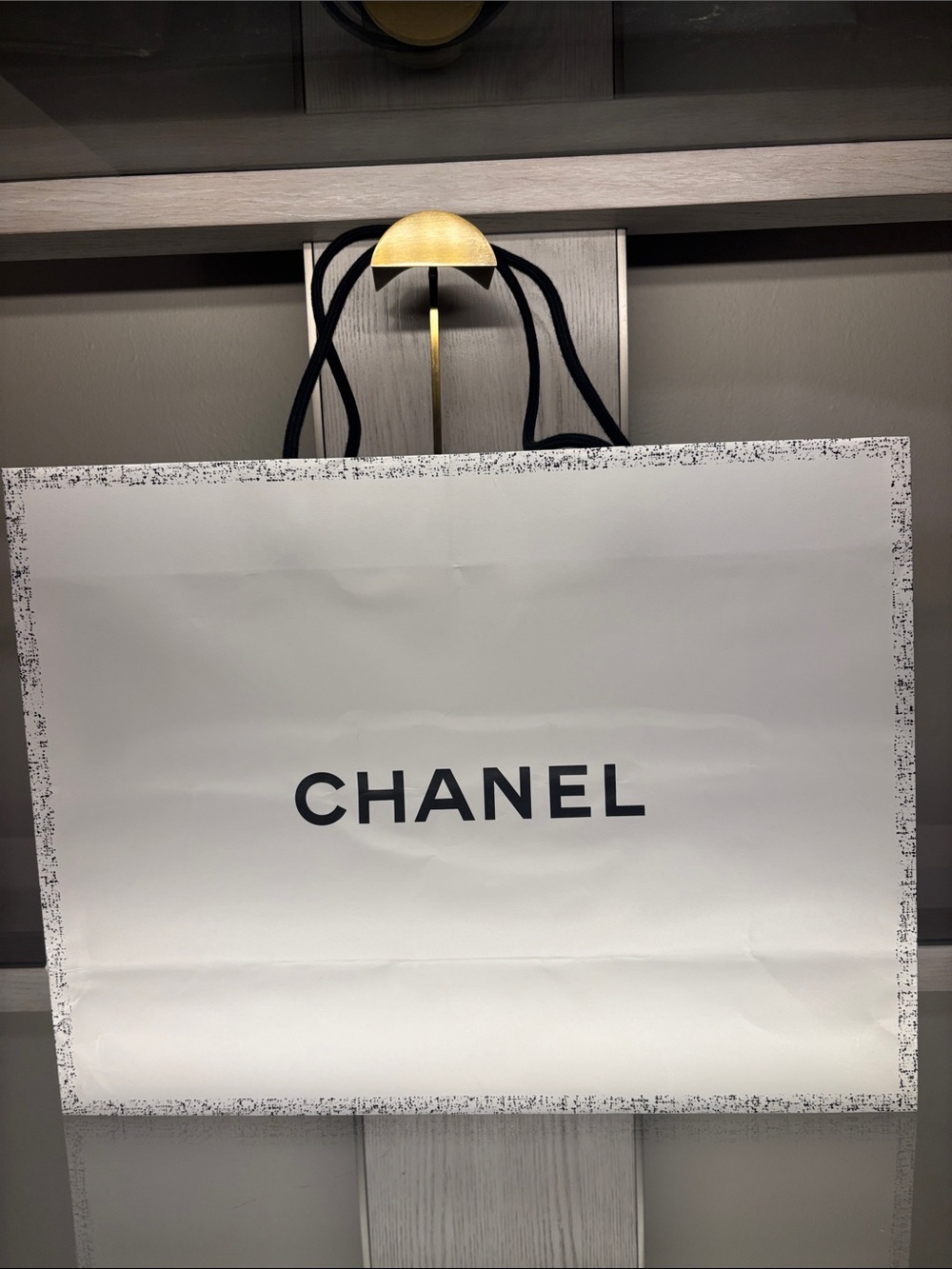 CHANEL White and Black Logo Paper Shopping Bag